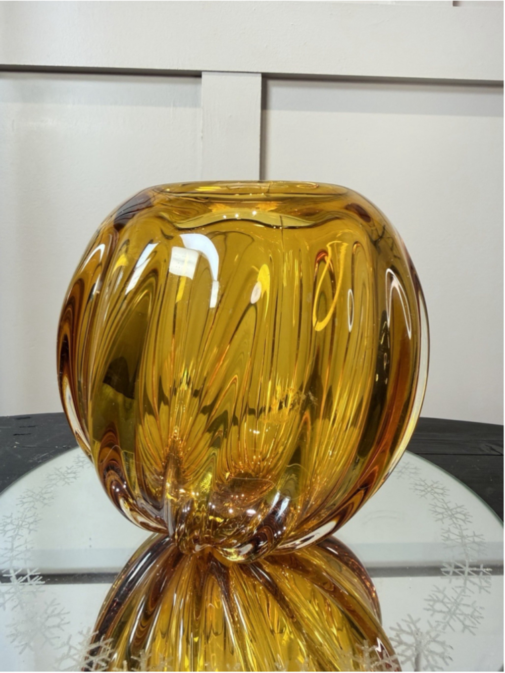 Mid Century Murano Glass Swirl Vase Yellow Glass Vessel Hand Blown 6”